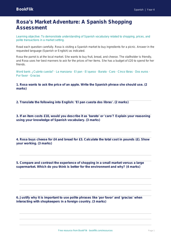 Shopping Assessment for Class 4 | Spanish Vocabulary | BookFlik worksheet preview — Spanish Shopping