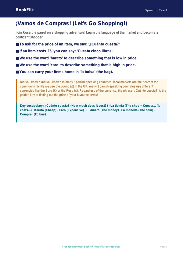 Spanish Shopping Vocabulary & Maths | Class 4 CBSE | BookFlik worksheet preview — Spanish Shopping