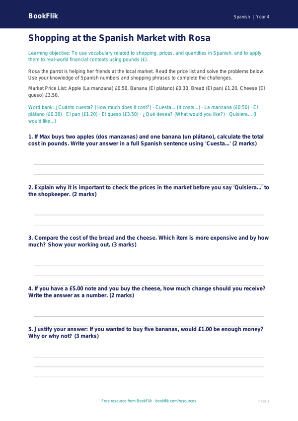 Shopping Worksheet for Class 4 | Spanish Vocabulary & Maths | BookFlik worksheet preview — Spanish Shopping