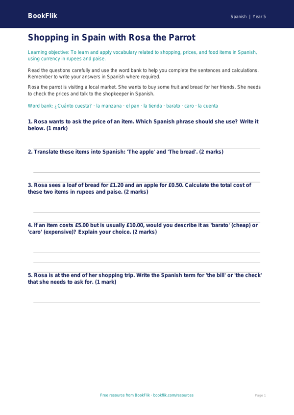 Spanish Shopping Worksheet for Class 5 | CBSE Learning worksheet preview — Spanish Shopping
