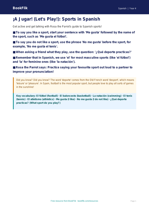 Spanish Sports Vocabulary Poster | Class 4 CBSE | BookFlik worksheet preview — Spanish Sports