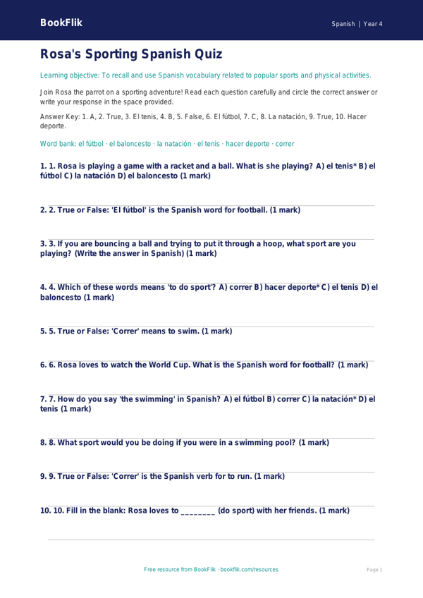 Free Spanish Sports Vocabulary Quiz | Class 4 | BookFlik worksheet preview — Spanish Sports