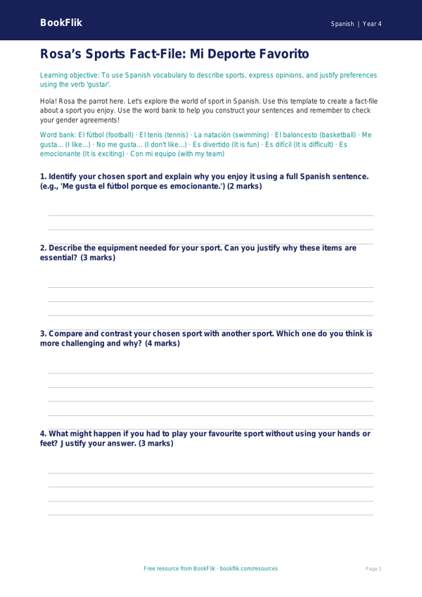 Spanish Sports Vocabulary Worksheet | Class 4 | CBSE Resource worksheet preview — Spanish Sports