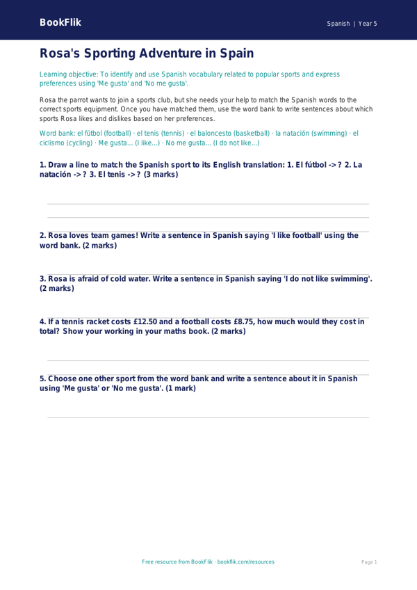 Free Sports Activity Sheet | Class 5 | Spanish | BookFlik worksheet preview — Spanish Sports
