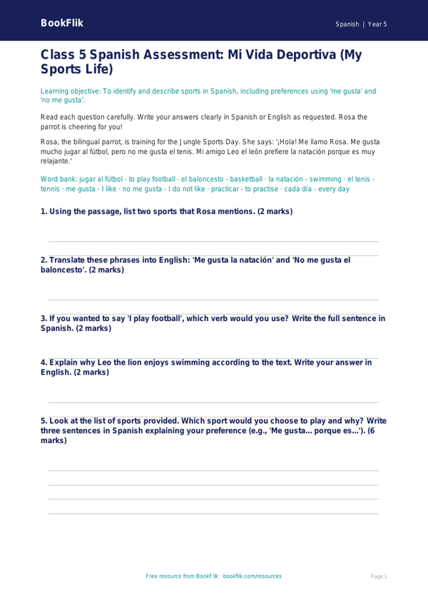 Spanish Sports Vocabulary Worksheet | Class 5 CBSE | BookFlik worksheet preview — Spanish Sports