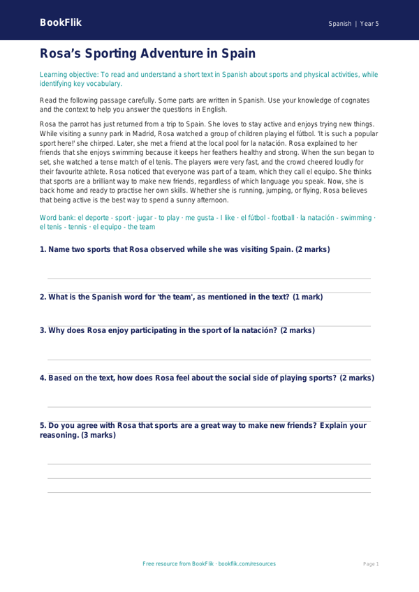 Sports Comprehension Class 5 Free | Spanish Learning | BookFlik worksheet preview — Spanish Sports