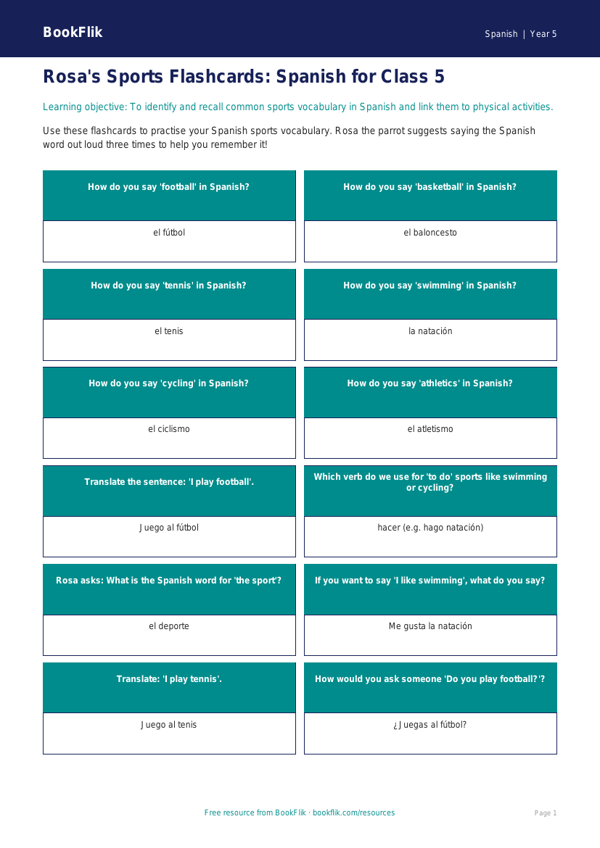 Spanish Sports Vocabulary Flashcards | Class 5 CBSE | BookFlik worksheet preview — Spanish Sports