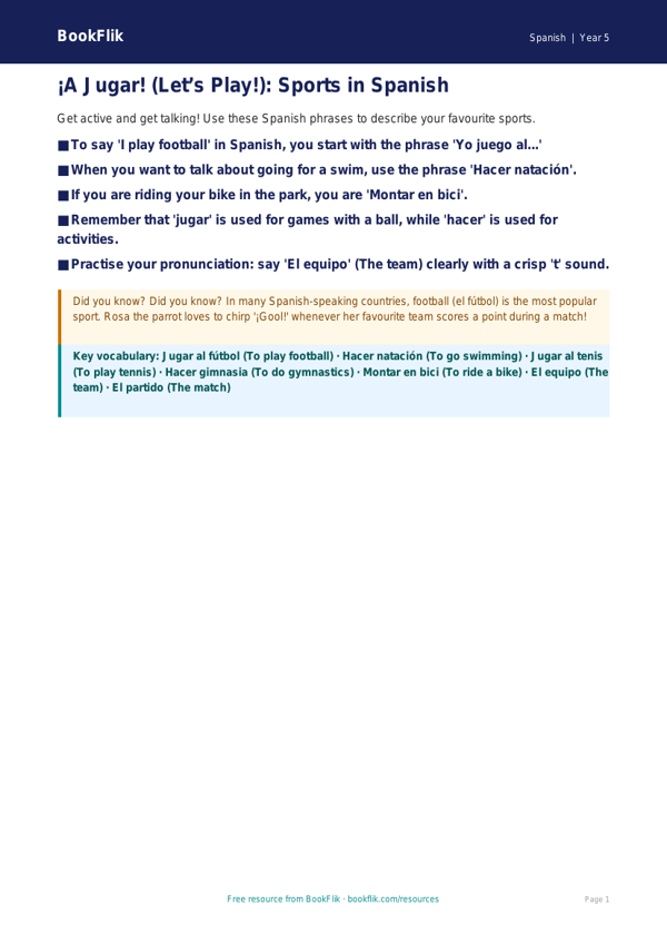 Spanish Sports Vocabulary Poster | Class 5 CBSE | BookFlik worksheet preview — Spanish Sports