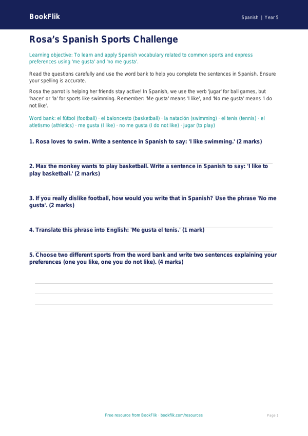 Sports Worksheet Class 5 Free | Spanish Vocabulary | BookFlik worksheet preview — Spanish Sports