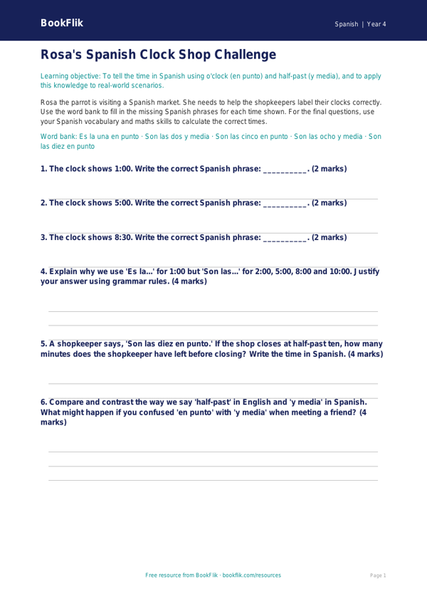 Free Telling The Time Activity Sheet | Class 4 | Spanish | BookFlik worksheet preview — Spanish Telling The Time