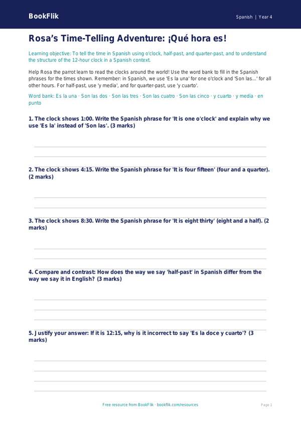 Telling the Time in Spanish: Class 4 Worksheet | BookFlik worksheet preview — Spanish Telling The Time