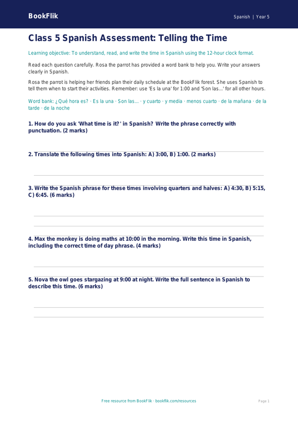 Telling the Time in Spanish: Class 5 Worksheet | BookFlik worksheet preview — Spanish Telling The Time