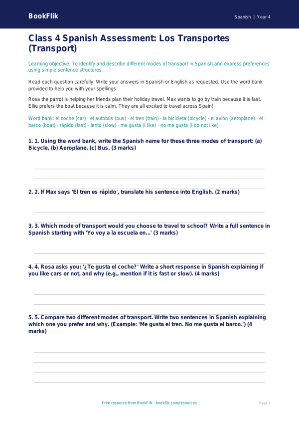Transport in Spanish: Class 4 Worksheet | CBSE NCERT worksheet preview — Spanish Transport