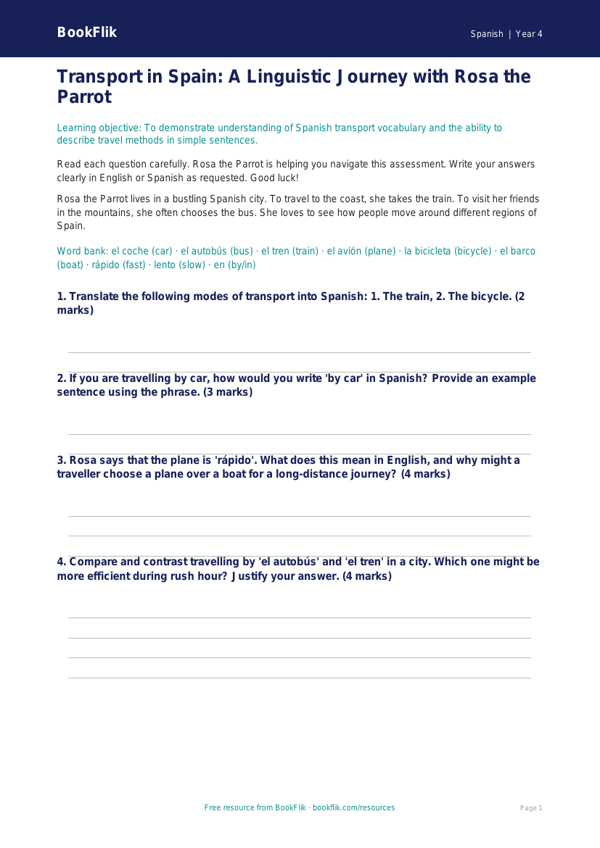 Spanish Transport Assessment for Class 4 | CBSE Curriculum | BookFlik worksheet preview — Spanish Transport