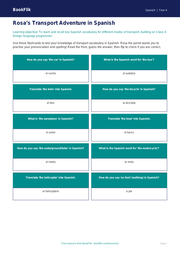 Spanish Transport Flashcards for Class 4 | CBSE Learning | BookFlik worksheet preview — Spanish Transport