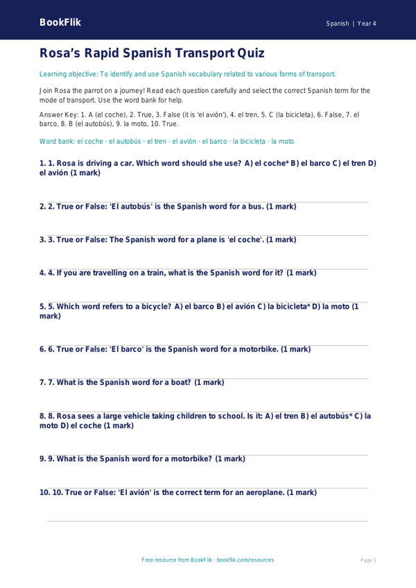 Transport Quiz for Class 4 | Spanish Vocabulary | CBSE Resources worksheet preview — Spanish Transport