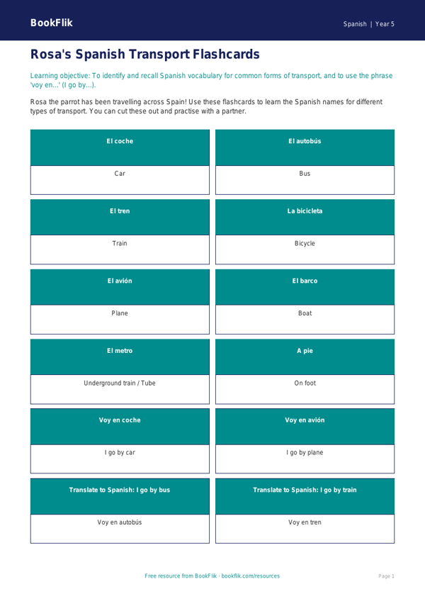 Transport Flashcards for Class 5 Spanish | CBSE Learning | BookFlik worksheet preview — Spanish Transport