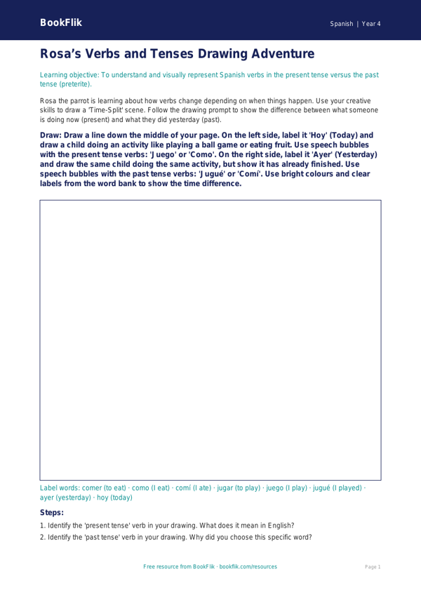 Free Verbs and Tenses Drawing Sheet | Class 4 Spanish | BookFlik worksheet preview — Spanish Verbs And Tenses