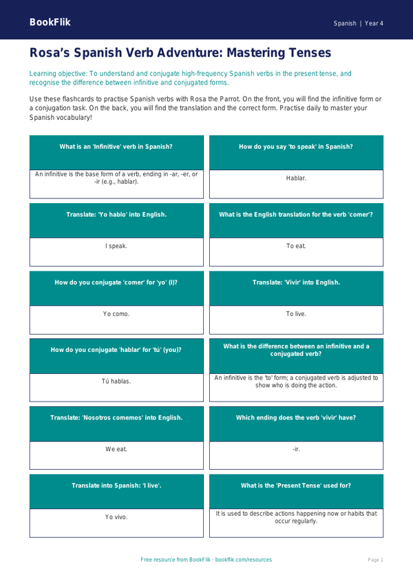 Free Spanish Verbs and Tenses Flashcards | Class 4 CBSE | BookFlik worksheet preview — Spanish Verbs And Tenses
