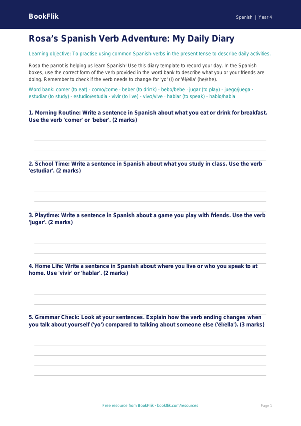 Free Verbs And Tenses Template | Class 4 | Spanish | BookFlik worksheet preview — Spanish Verbs And Tenses