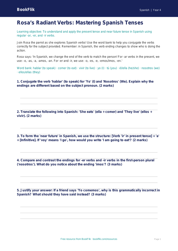 Free Verbs And Tenses Worksheet | Class 4 | Spanish | BookFlik worksheet preview — Spanish Verbs And Tenses