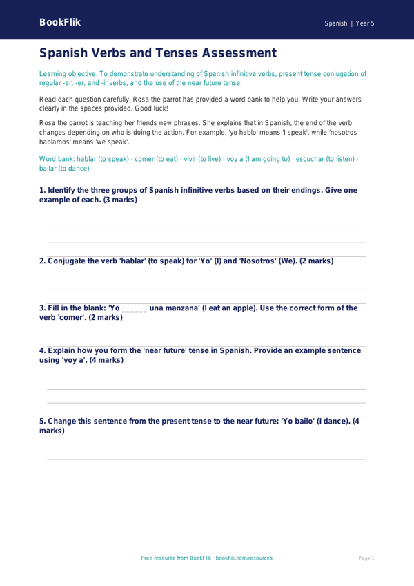 Verbs and Tenses Assessment for Class 5 | Spanish Learning | BookFlik worksheet preview — Spanish Verbs And Tenses