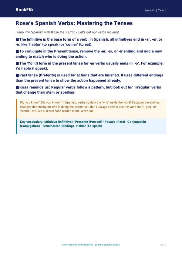 Free Verbs and Tenses Spanish Poster | Class 5 CBSE | BookFlik worksheet preview — Spanish Verbs And Tenses