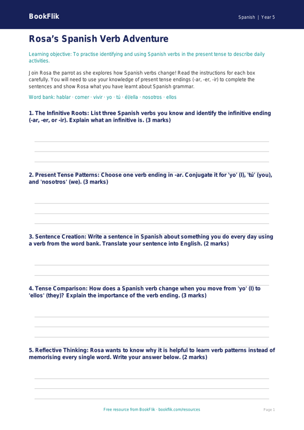 Free Verbs And Tenses Template | Class 5 | Spanish | BookFlik worksheet preview — Spanish Verbs And Tenses