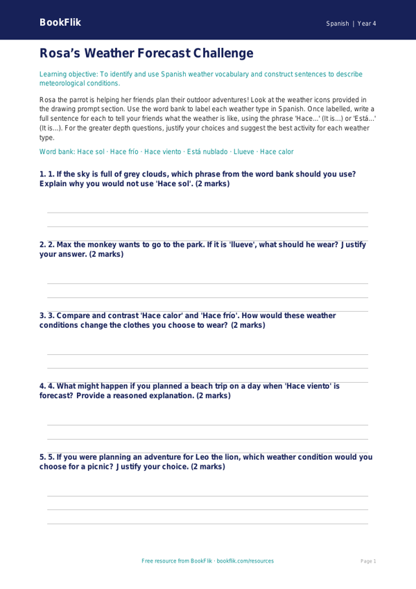 Class 4 Spanish Weather Activity Sheet | CBSE Curriculum | BookFlik worksheet preview — Spanish Weather