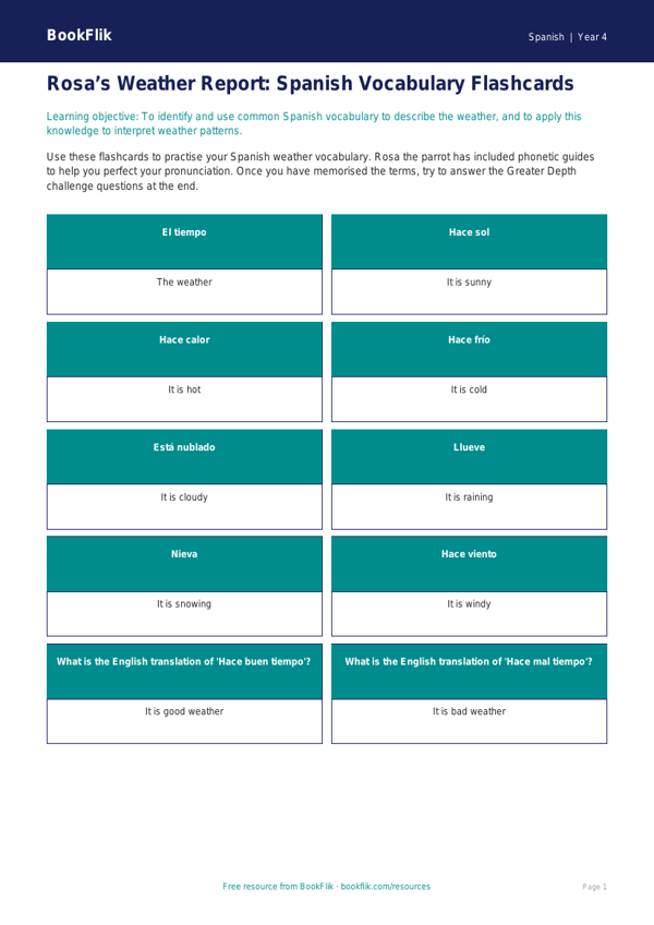 Spanish Weather Flashcards for Class 4 | CBSE Curriculum | BookFlik worksheet preview — Spanish Weather