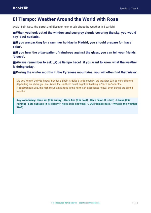 Spanish Weather Poster for Class 4 | CBSE Curriculum | BookFlik worksheet preview — Spanish Weather