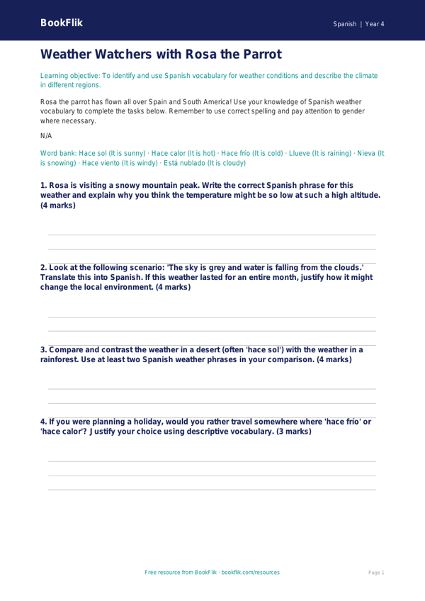 Spanish Weather Worksheet for Class 4 | CBSE Curriculum | BookFlik worksheet preview — Spanish Weather