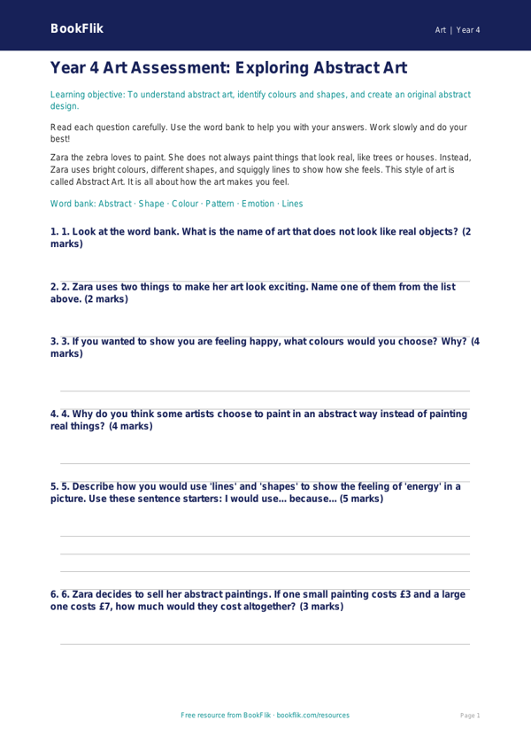 Free Abstract Art Assessment | Year 4 Supported | BookFlik worksheet preview — Art Abstract Art