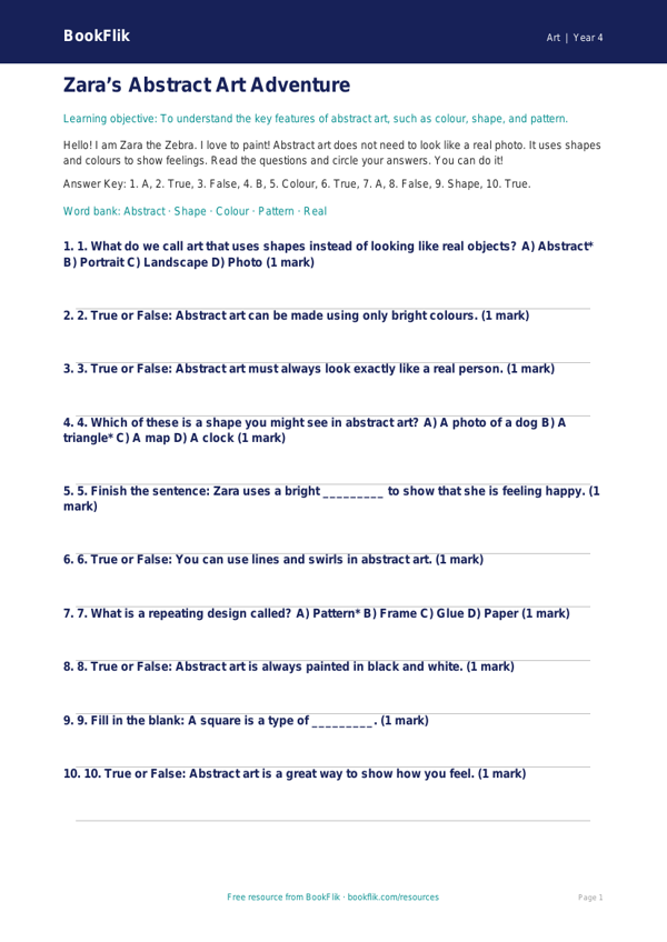 Free Abstract Art Quiz | Year 4 Supported | BookFlik worksheet preview — Art Abstract Art