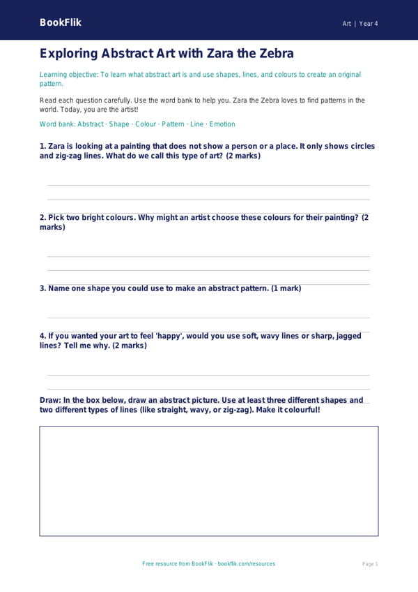 Free Abstract Art Worksheet | Year 4 Supported | BookFlik worksheet preview — Art Abstract Art