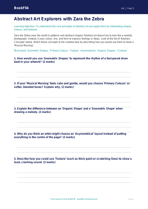Free Abstract Art Activity Sheet | Year 5 Core | BookFlik worksheet preview — Art Abstract Art