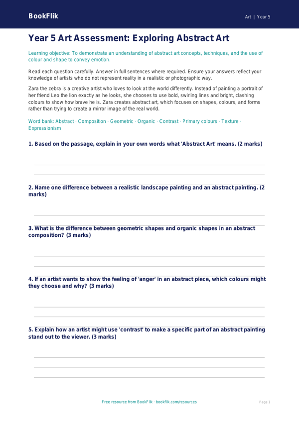 Free Abstract Art Assessment | Year 5 Core | BookFlik worksheet preview — Art Abstract Art