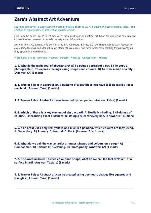 Free Abstract Art Quiz | Year 5 Core | BookFlik worksheet preview — Art Abstract Art