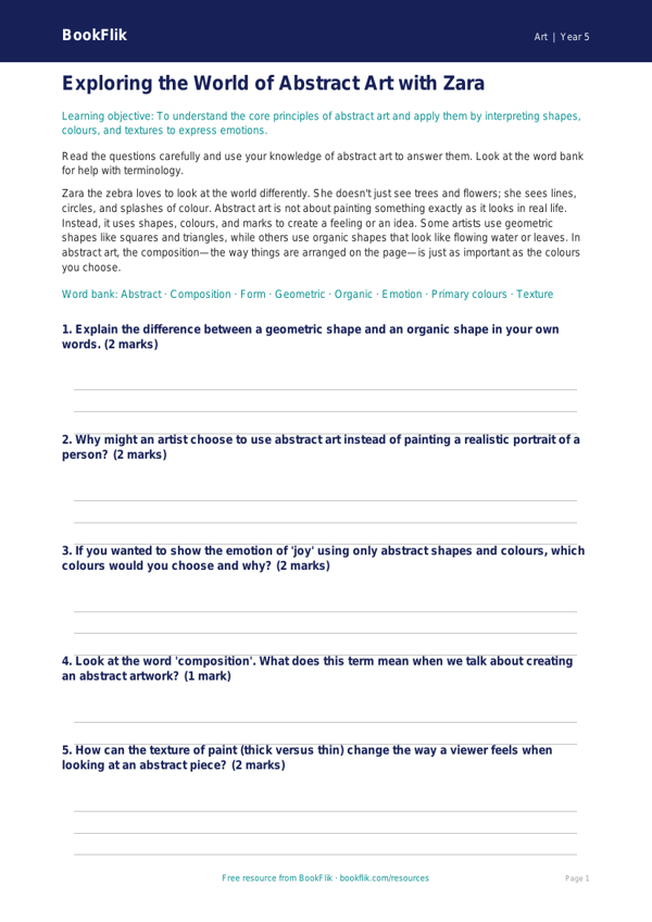 Free Abstract Art Worksheet | Year 5 Core | BookFlik worksheet preview — Art Abstract Art