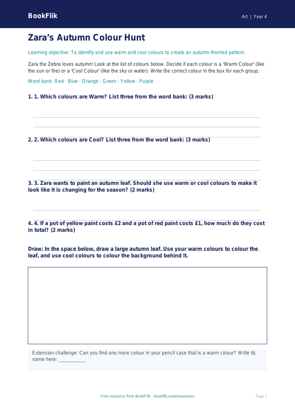 Free Autumn Art Activity Sheet | Year 4 Supported | BookFlik worksheet preview — Art Autumn Art
