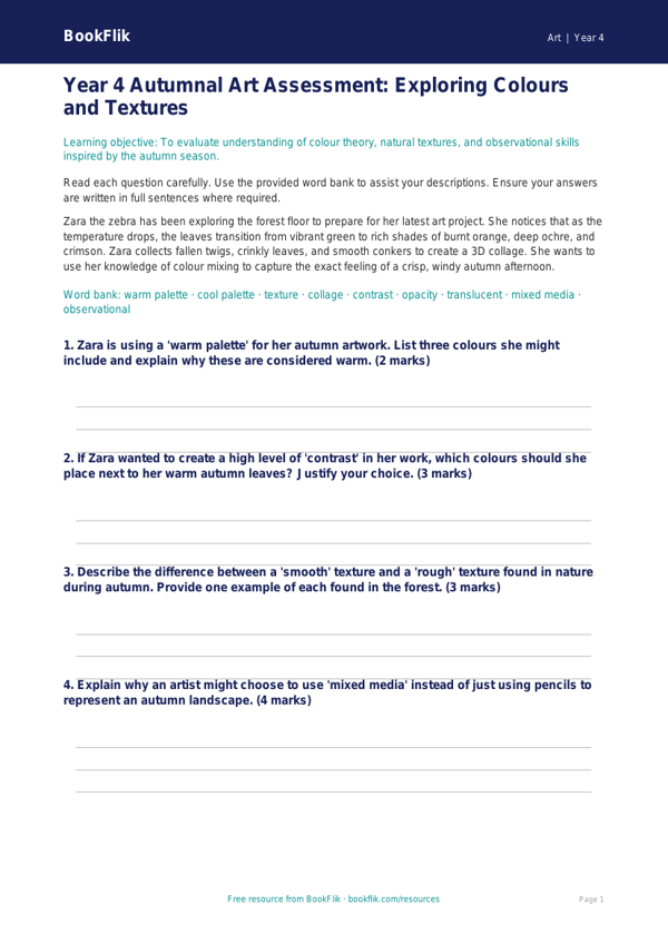 Free Autumn Art Assessment | Year 4 Greater Depth | BookFlik worksheet preview — Art Autumn Art