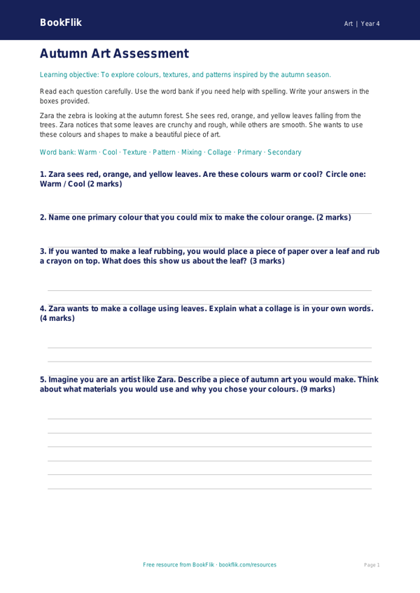 Free Autumn Art Assessment | Year 4 Supported | BookFlik worksheet preview — Art Autumn Art