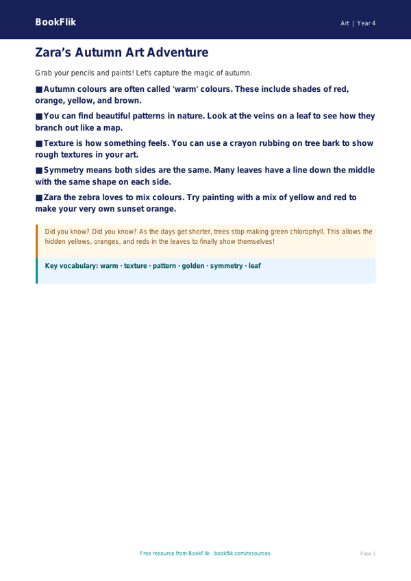 Free Autumn Art Poster | Year 4 Supported | BookFlik worksheet preview — Art Autumn Art