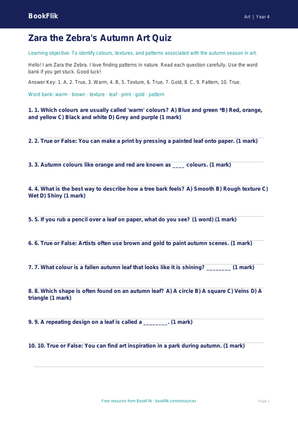 Free Autumn Art Quiz | Year 4 Supported | BookFlik worksheet preview — Art Autumn Art