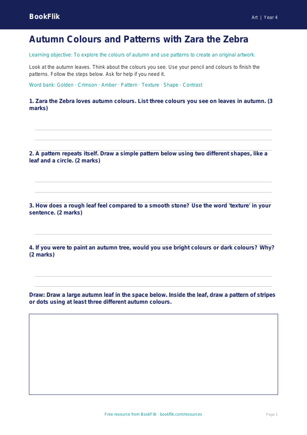 Free Autumn Art Worksheet | Year 4 Supported | BookFlik worksheet preview — Art Autumn Art