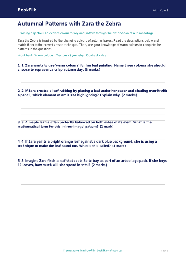 Free Autumn Art Activity Sheet | Year 5 Core | BookFlik worksheet preview — Art Autumn Art