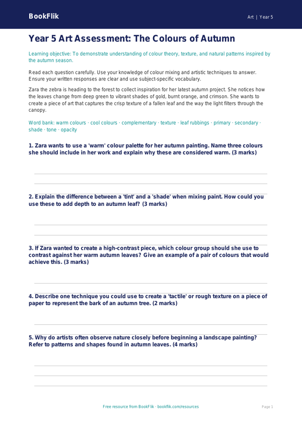 Free Autumn Art Assessment | Year 5 Core | BookFlik worksheet preview — Art Autumn Art