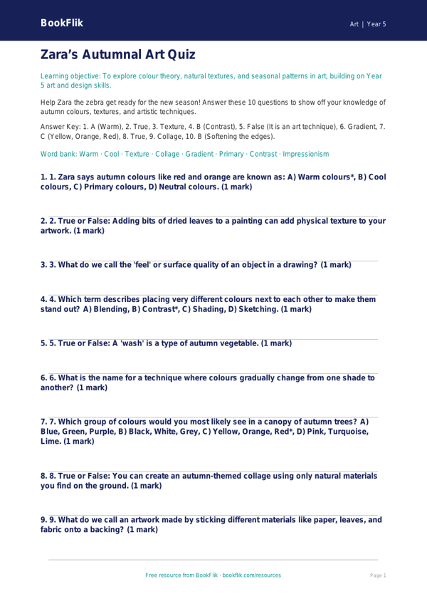 Free Autumn Art Quiz | Year 5 Core | BookFlik worksheet preview — Art Autumn Art