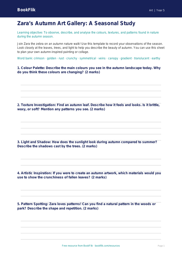 Free Autumn Art Template | Year 5 Core | BookFlik worksheet preview — Art Autumn Art