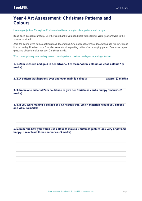 Free Christmas Art Assessment | Year 4 Supported | BookFlik worksheet preview — Art Christmas Art